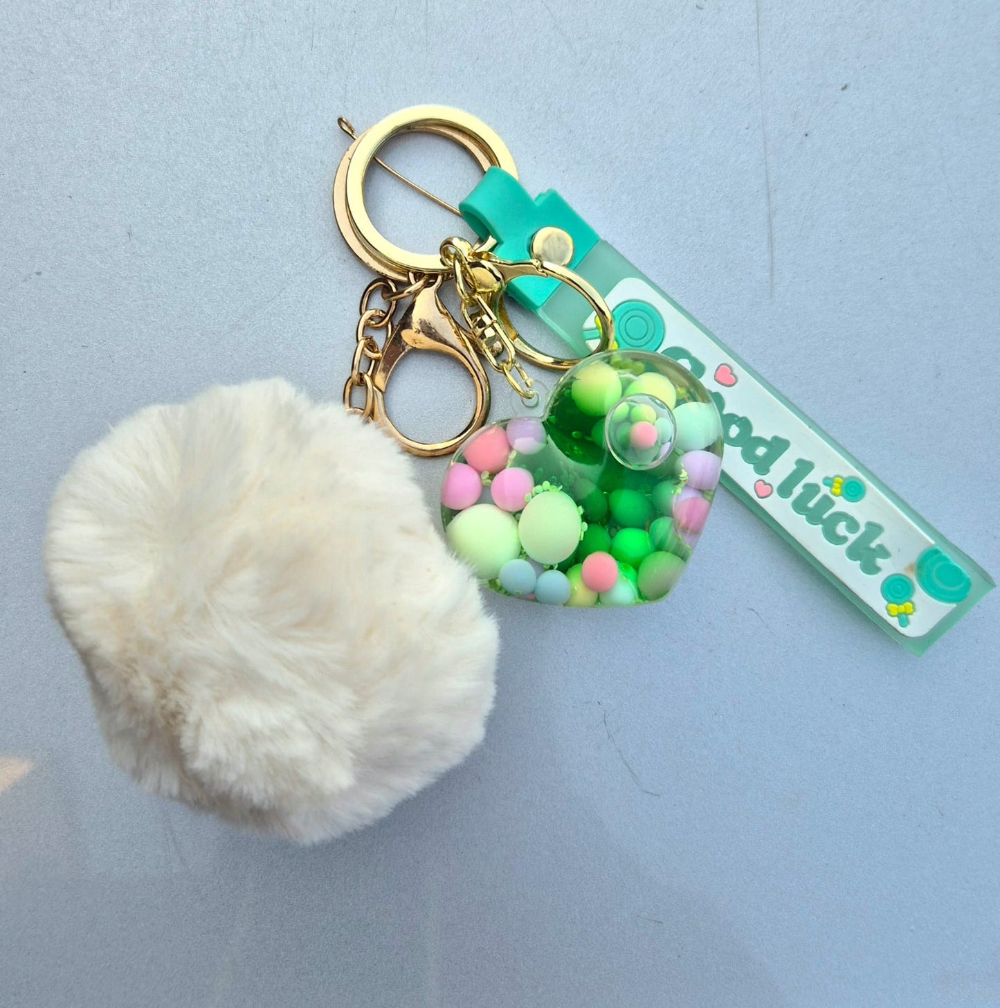Crystal Liquid Heart Shaped Key Chain With Fur
